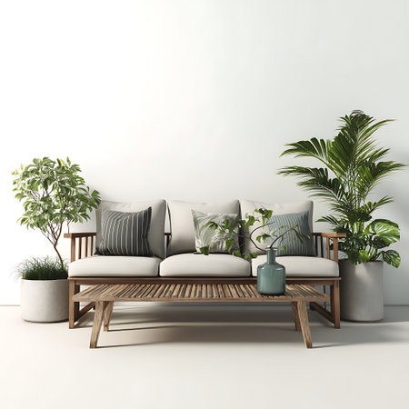 interior with sofa and plants, 3d render, mock upの写真素材