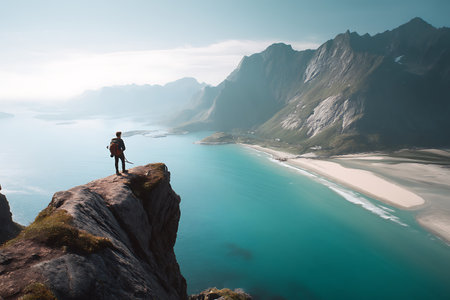 Hiker standing on the edge of a cliff and enjoying the view of Lofoten islands, Norwayの写真素材
