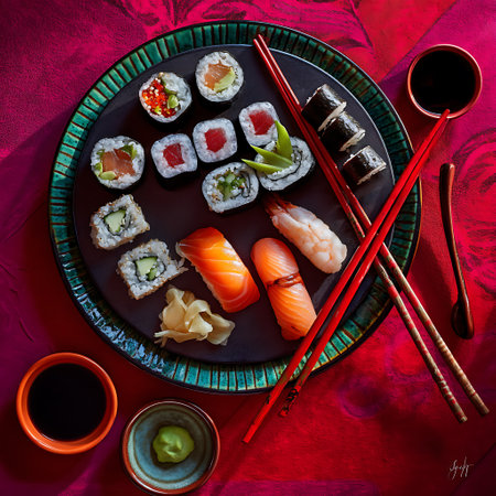 Sushi set on black plate with chopsticks and soy sauce on red backgroundの写真素材