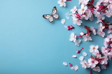 Beautiful cherry blossom and butterfly on blue background, flat layの写真素材