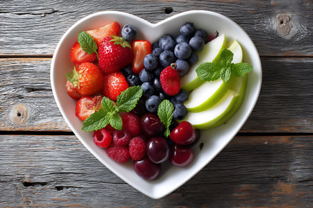 Heart shaped bowl with fresh berries and fruits on wooden table, top viewの写真素材