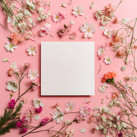 Flowers composition. Frame made of flowers on pink background. Flat lay, top view, copy spaceの写真素材
