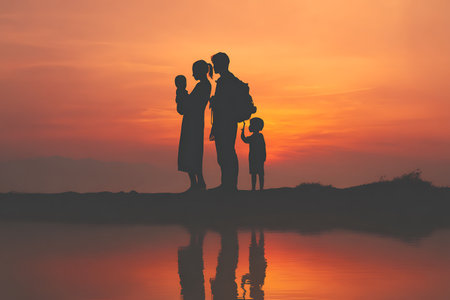 Silhouette of a family at sunset with reflection in the waterの写真素材