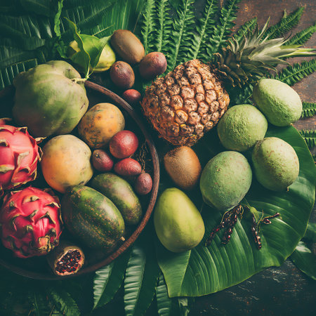 Tropical fruits on a rustic wooden table, top viewの写真素材