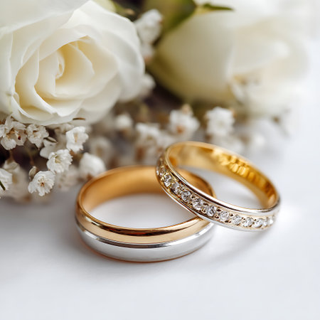 Wedding rings and bouquet of flowers on a white backgroundの写真素材