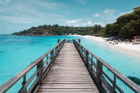 Wooden pier on tropical beachの写真素材
