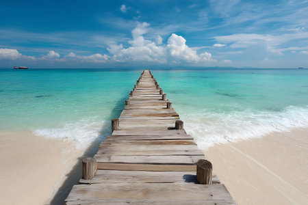 Wooden pier on tropical beach with blue sky and white sand.の写真素材