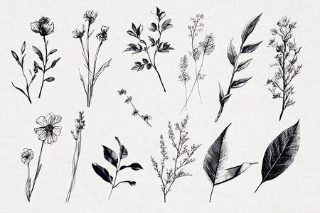 Hand drawn set of wildflowers and leaves on white background. Botanical illustration.の写真素材