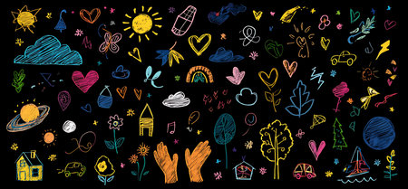 Hand drawn doodle elements set. Vector illustration. Isolated on black background.の写真素材