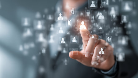 Businessman on blurred background using digital social media interface 3D renderingの写真素材