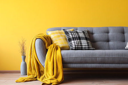 Comfortable sofa with pillows and plaid on yellow wall backgroundの写真素材