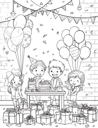 Coloring Page Outline Of Happy Kids Celebrating Birthday with Cake and Giftsの写真素材