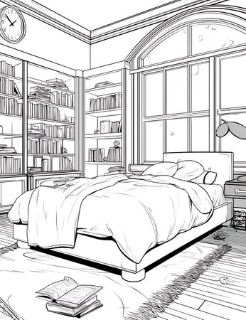Bedroom graphic black white interior sketch illustration vector for print and webの写真素材