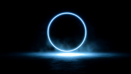 Abstract neon circle on dark background. Glowing circle in dark room with smoke and smog. 3D renderingの写真素材