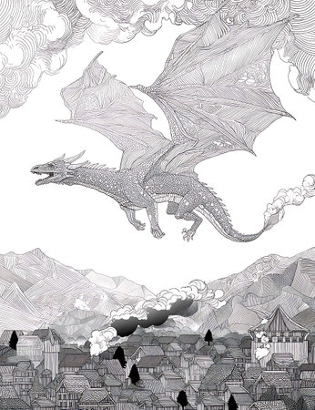 Dragon flying over the city. Monochrome black and white illustrationの写真素材