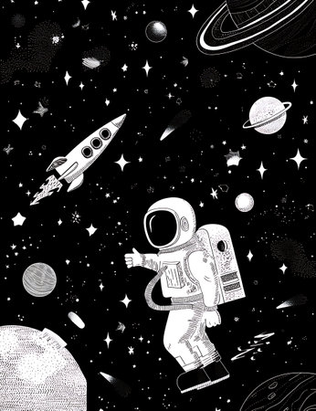 Seamless space pattern with astronaut and planets. Hand drawn vector illustrationの写真素材