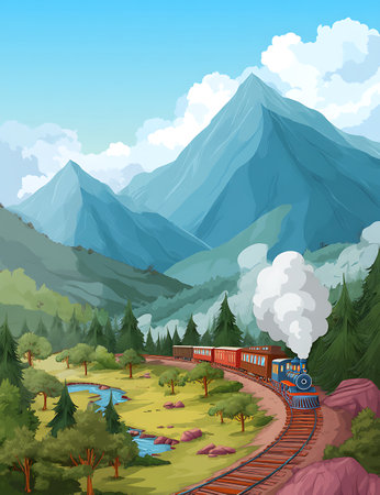 Vector illustration of a cartoon steam train on the background of mountains.の写真素材