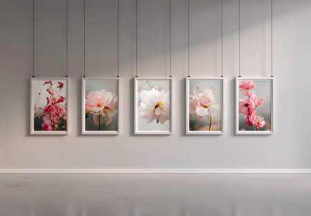 Poster frames with spring flowers on the wall. 3D renderingの写真素材