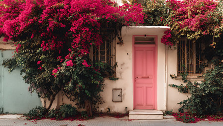 Beautiful pink door with bougainvillea flowers on the wall.の写真素材