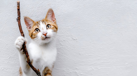 Cute cat sitting on the white wall background. Copy space.の写真素材