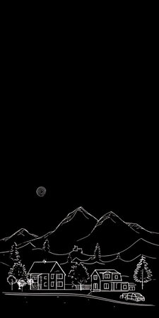 Hand drawn vector illustration of a small village in the mountains at nightの写真素材