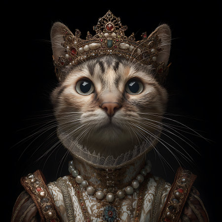 Fantasy portrait of a cat in a crown on a black background.の写真素材