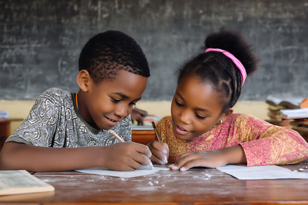 Cute pupils writing while sitting at desk against blackboard in classroomの写真素材