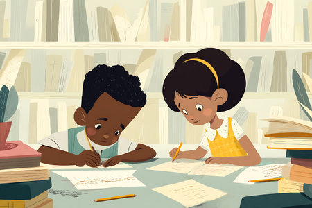 African american boy and girl doing homework in the library. Vector illustration.の写真素材