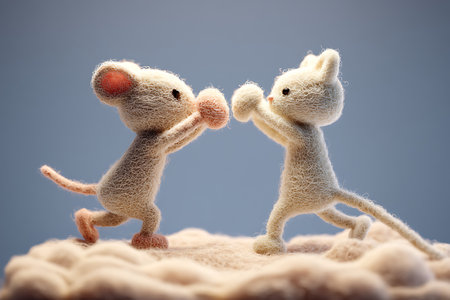Two funny mice playing with woolen clothes on a white background.の写真素材