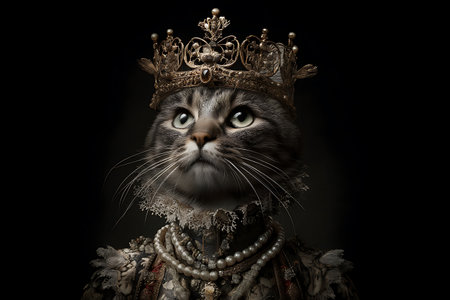Fantasy portrait of a cat in a crown on a black background.の写真素材