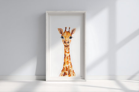 3d rendering of a giraffe in a white room with a frameの写真素材