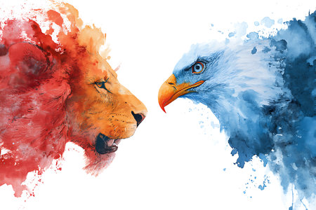 Lion and eagle in watercolor style. Hand drawn illustration.の写真素材