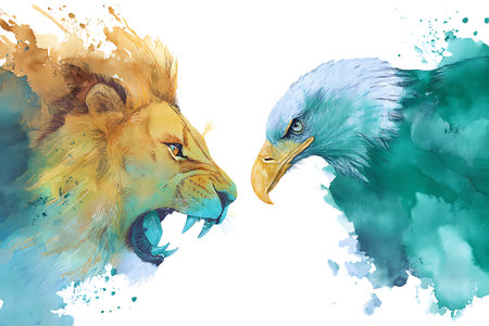 Watercolor illustration of a lion and an eagle. Wild animals.の写真素材