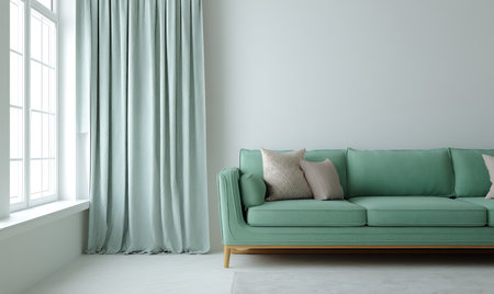 interior with green sofa and window, 3d render illustration mock upの写真素材
