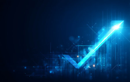 Futuristic arrow up on a dark blue background. Vector illustrationの写真素材