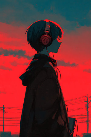 Young man listening to music with headphones on the background of the sunset.の写真素材