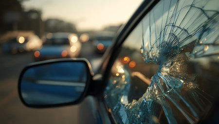 Car windshield with broken glass and blurred car traffic on the road.の写真素材