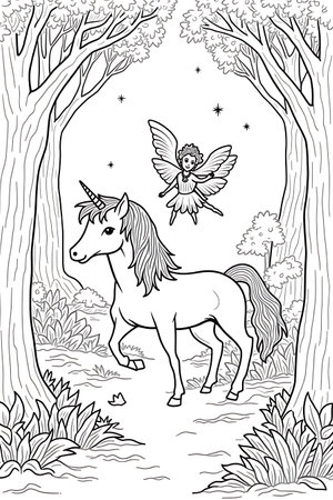 Unicorn in the forest. Black and white vector illustration.の写真素材