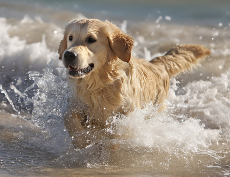 golden retriever running in the water of the sea and splashingの写真素材