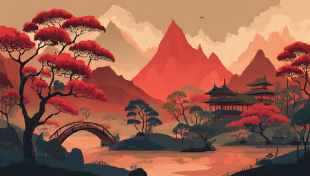 Landscape with Chinese pavilion, bridge and mountain. Vector illustration.の写真素材