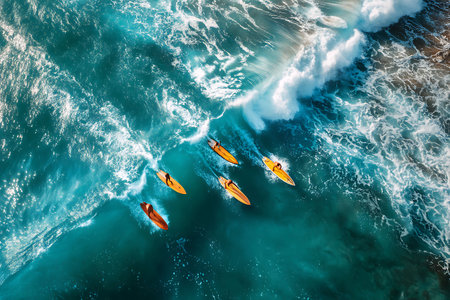 Aerial view of surfers in the ocean. Top view.の写真素材