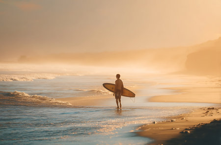 Surfer with surfboard on the beach at sunset in Bali, Indonesiaの写真素材