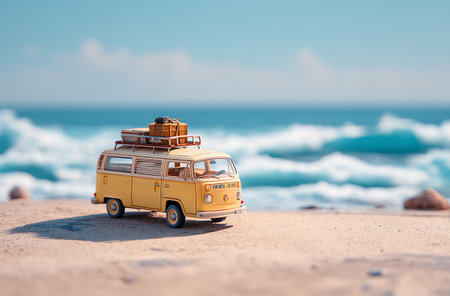 Miniature car on seashore. Travel and vacation concept.の写真素材