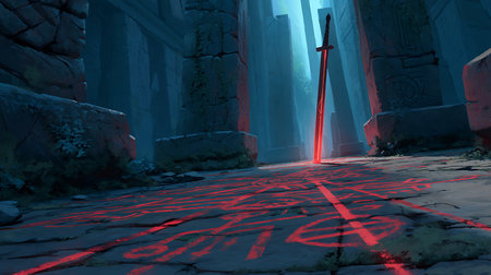 Mysterious scene of an ancient temple with red light. 3D renderingの写真素材