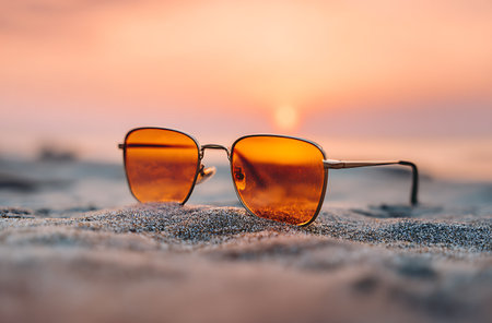 Sunglasses on the beach at sunset. Selective focus.の写真素材