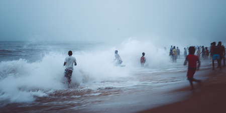 Surfers on the beach in the misty morning, Sri Lankaの写真素材