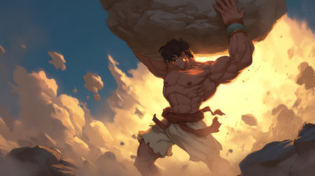 3D illustration of a man with a huge fire in the backgroundの写真素材