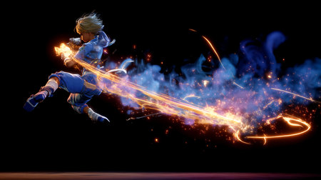 Image of young boy jumping high against black background with lights and smokeの写真素材