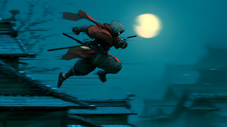 3D Illustration of a Japanese ninja flying in the moonlightの写真素材
