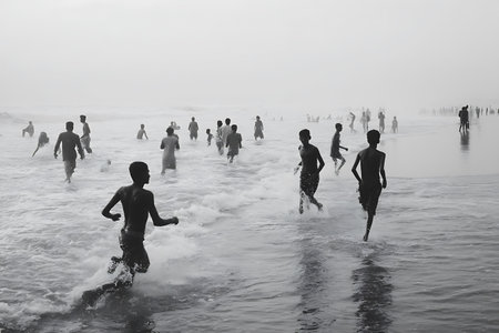 People running in the ocean on a foggy dayの写真素材